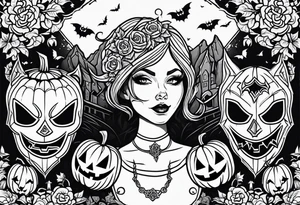 evil jack-o-lanterns on human heads with bats in caves and penny wise in the background cemetary payground tattoo idea