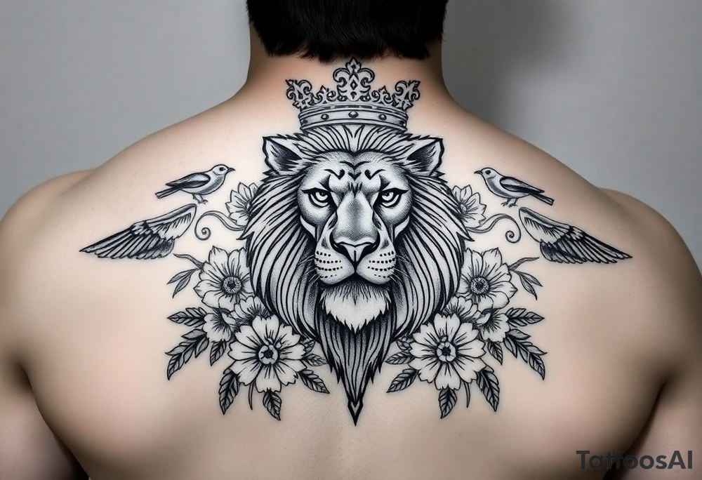powerful majestic lion with a crown, surrounded by floral ornaments and birds tattoo idea