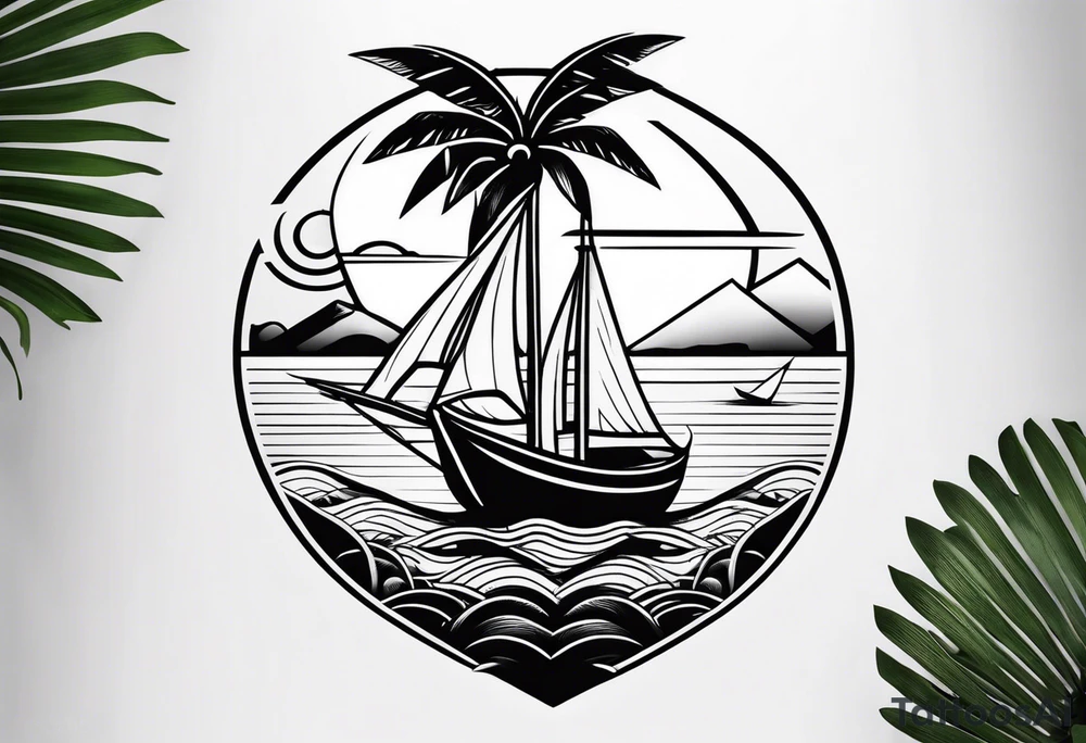 Clean lines palm tree boat sun tattoo idea