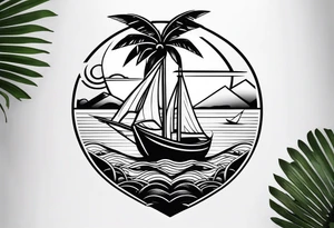 Clean lines palm tree boat sun tattoo idea