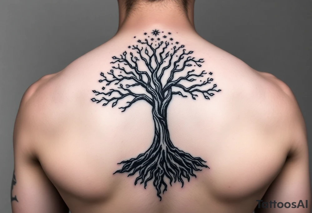 mystical tree of life with cosmic roots and celestial branches tattoo idea