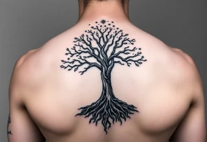 mystical tree of life with cosmic roots and celestial branches tattoo idea