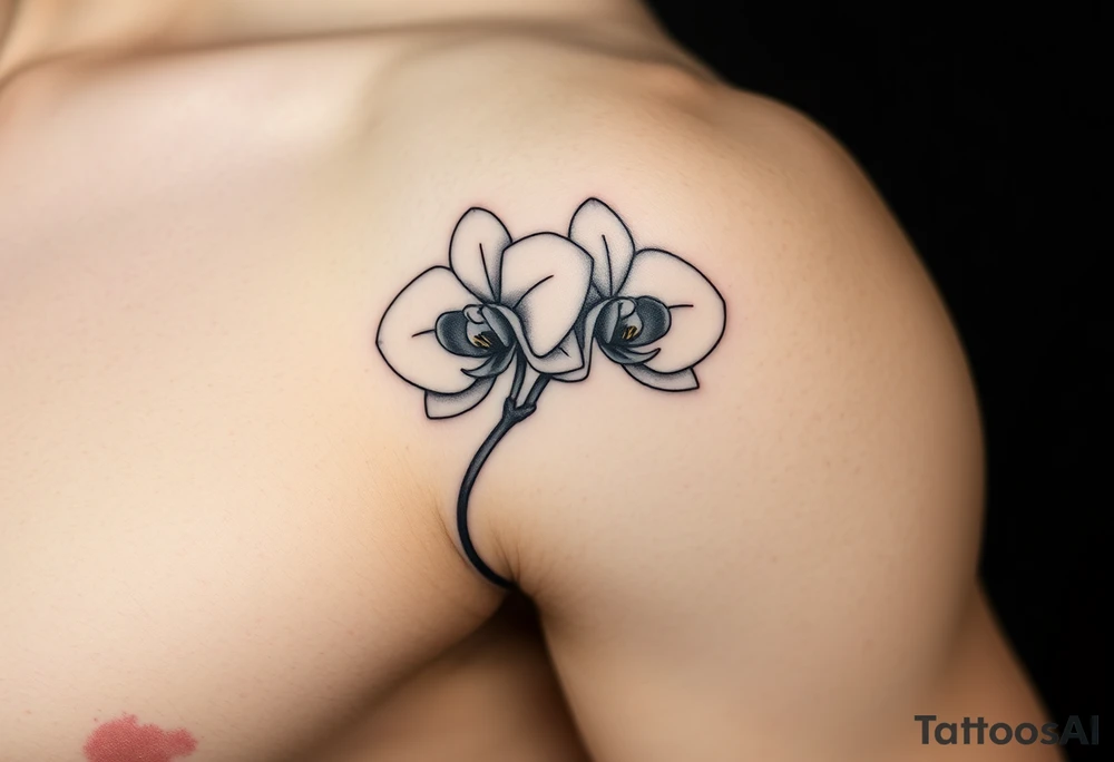 A delicate, black and white fine-line tattoo for make, featuring a gracefully detailed orchid stem with two flowers in full bloom, with soft, intricate petals and elegant curves tattoo idea