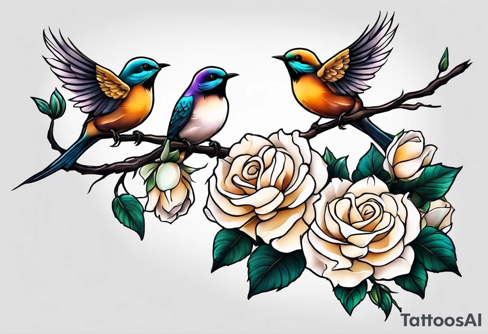 Two birds sitting on a stem of White roses with another bird flying in to land on stem tattoo idea