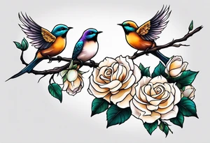 Two birds sitting on a stem of White roses with another bird flying in to land on stem tattoo idea