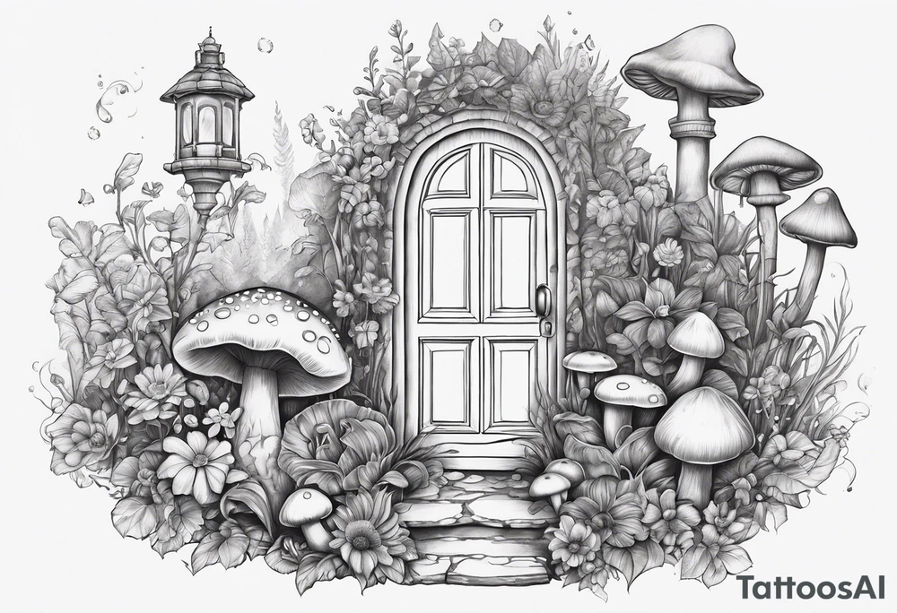 Mystical garden with door and potions and a rabbit and flowers and mushrooms tattoo idea