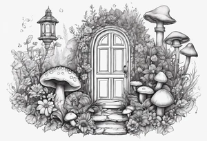 Mystical garden with door and potions and a rabbit and flowers and mushrooms tattoo idea