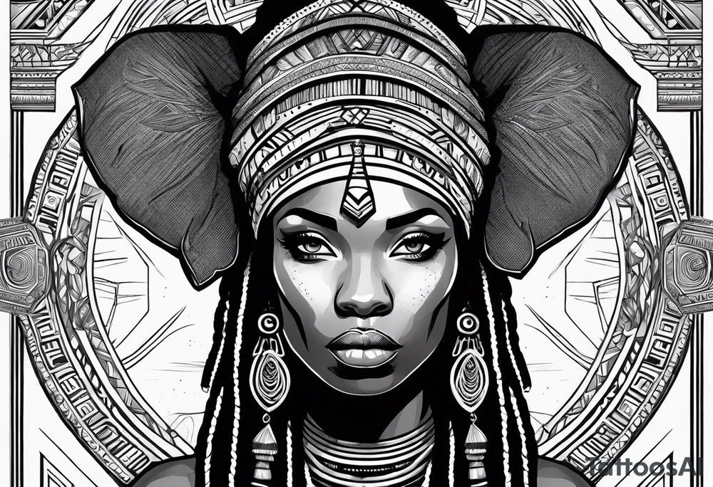 African woman warrior with dreadlocks, holding a spear with elephant in a background tattoo idea