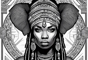 African woman warrior with dreadlocks, holding a spear with elephant in a background tattoo idea