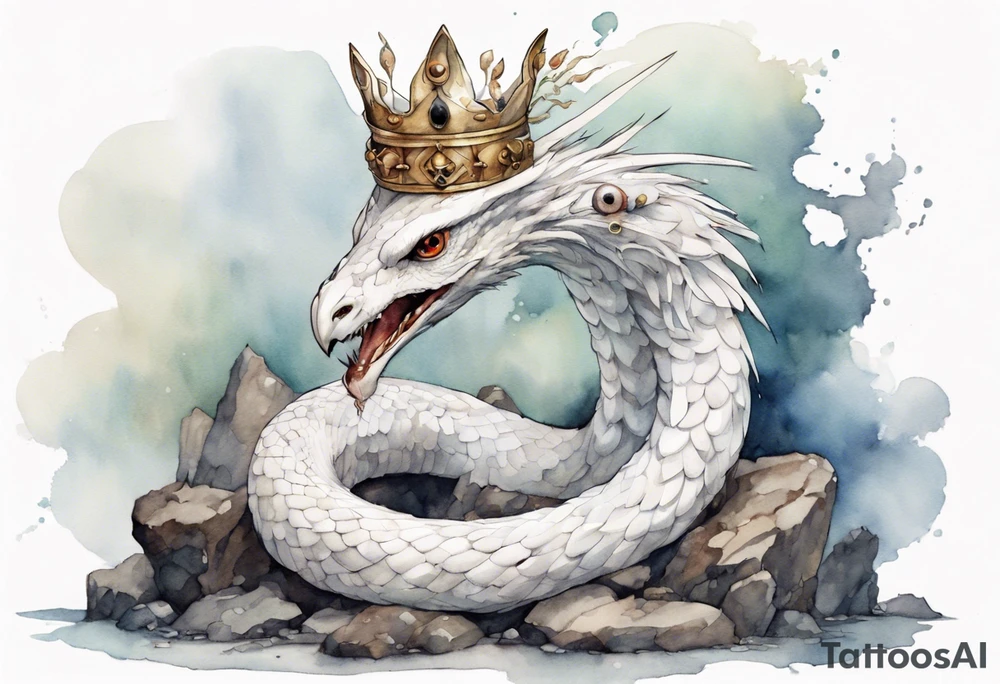 a white bird-serpent hybrid, wearing a iron crown, sitting on a stone tattoo idea