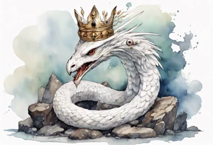 a white bird-serpent hybrid, wearing a iron crown, sitting on a stone tattoo idea