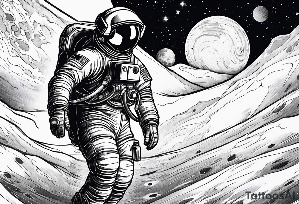 an astronaut hunched over in space from the back holding a planet in his hands tattoo idea