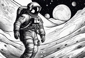 an astronaut hunched over in space from the back holding a planet in his hands tattoo idea