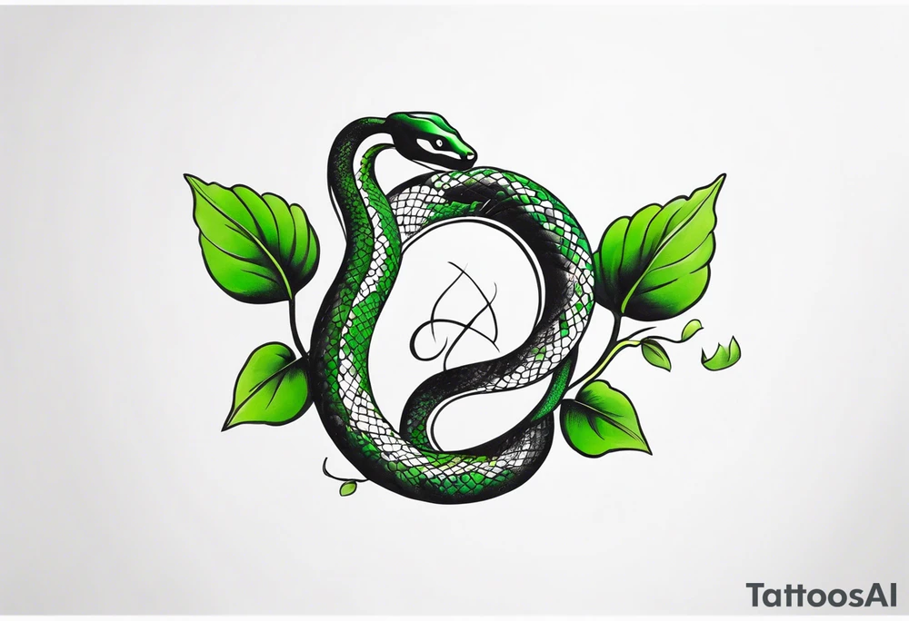 Seven deadly sins snake with soft green leaves as colour tattoo idea