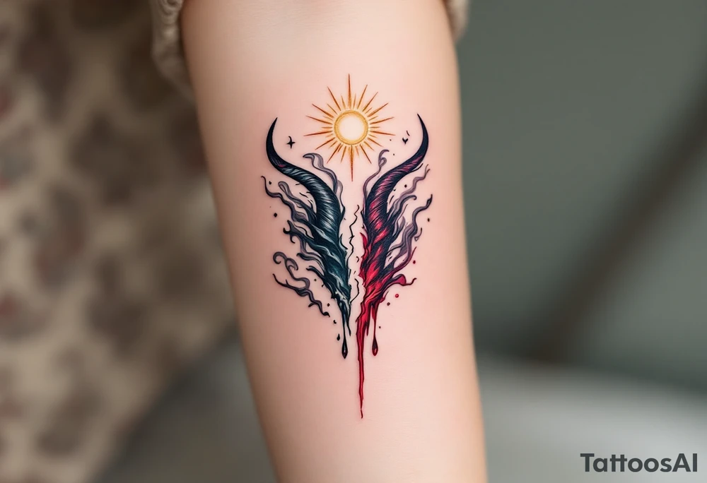 A golden, radiant halo floating above one side of the design, while the other side features a cracked demonic horn, dripping with dark crimson energy. The two elements are connected by swirling black and white smoke, blending good and evil into one form. tattoo idea