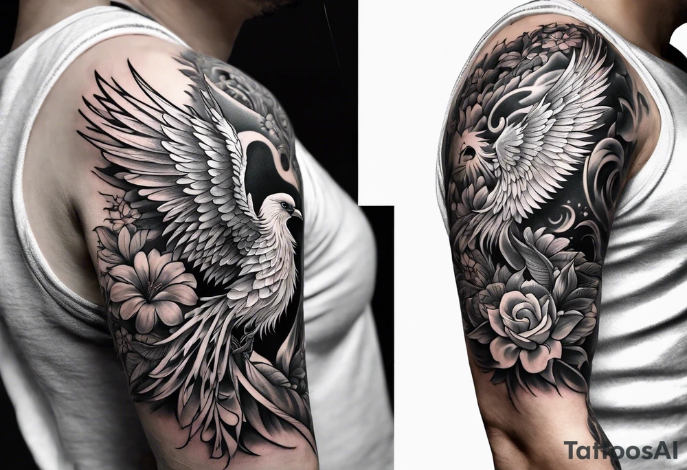 Half sleeve with phoenix and flowers with decorations down on the hand tattoo idea