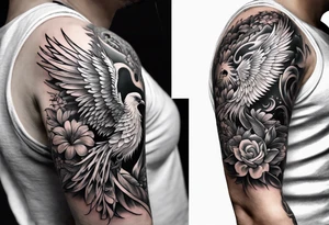 Half sleeve with phoenix and flowers with decorations down on the hand tattoo idea