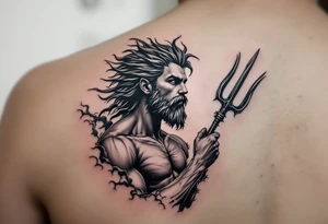 young poseidon, with trident, looking at the horizon tattoo idea