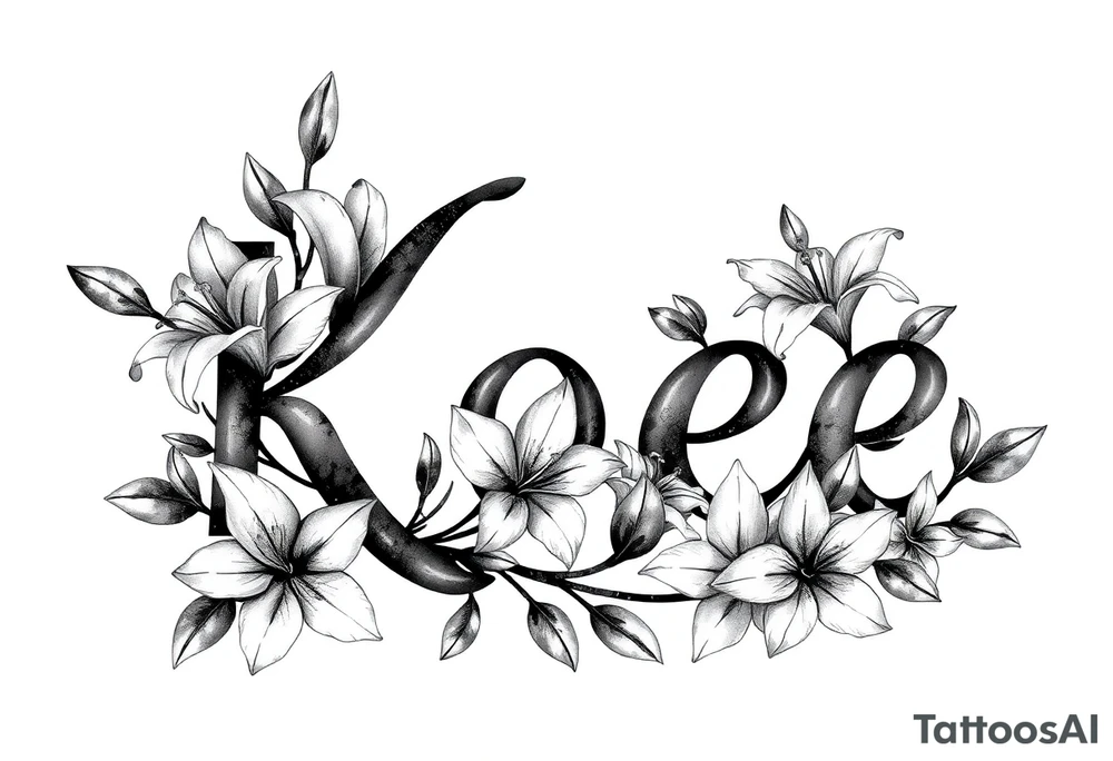 The word Kloee surrounded by lily flowers with the vine or stems in the letters tattoo idea