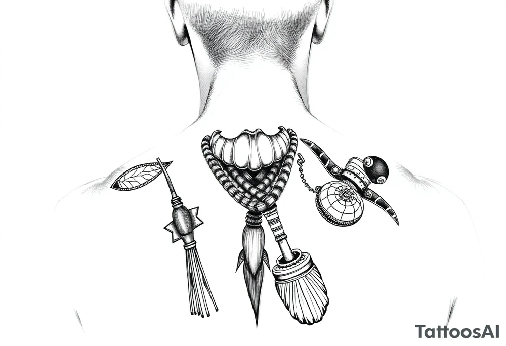 A picture of the lucayan people and things representing their culture in color . As an arm sleeve tattoo idea