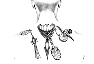 A picture of the lucayan people and things representing their culture in color . As an arm sleeve tattoo idea