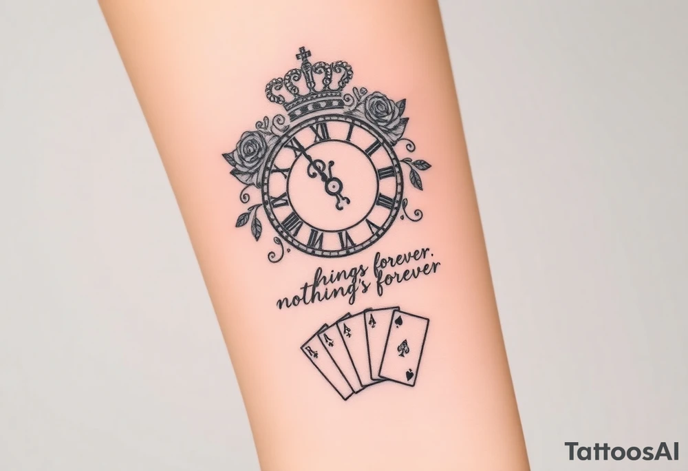Roman clock with roses and a crown,  a quote that says nothings forever. and on the bottom a deck of cards tattoo idea