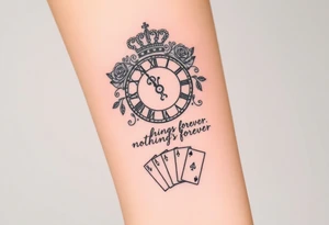 Roman clock with roses and a crown,  a quote that says nothings forever. and on the bottom a deck of cards tattoo idea