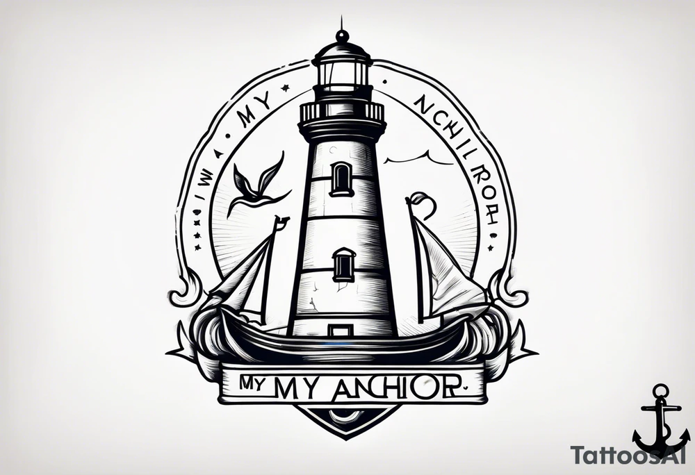 Lighthouse and anchor that says "MY BEACON MY ANCHOR" tattoo idea