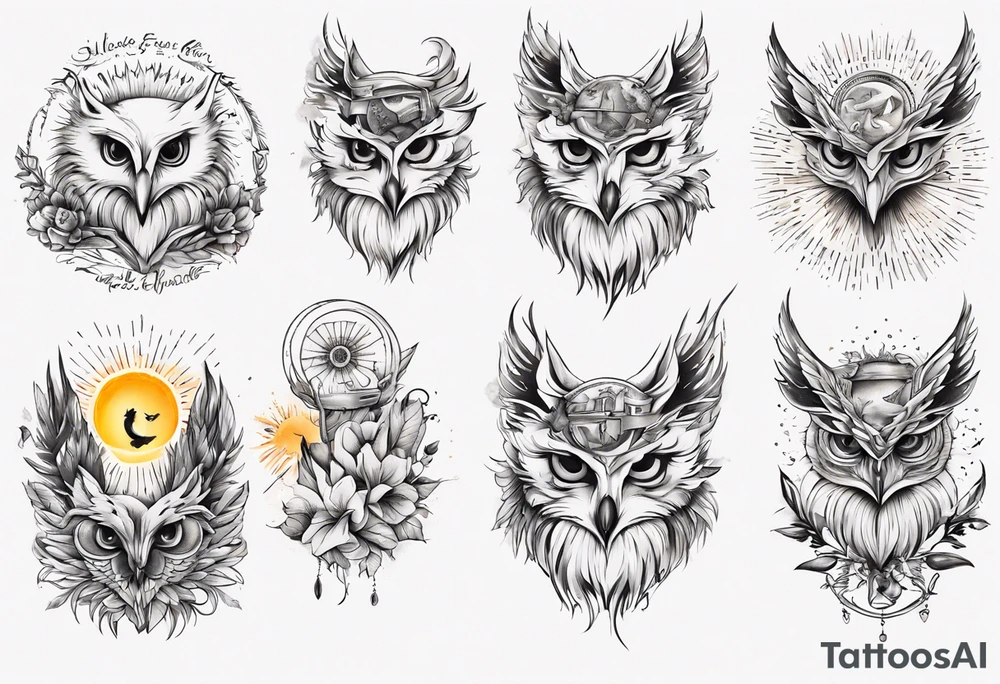 halb 
Fuchs halb Eule unter der Sonne mit dem Schriftzug Sapere Aude tattoo idea