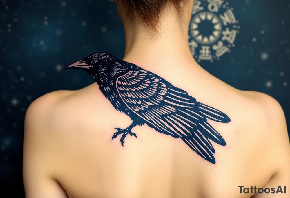 Raven with starry sky background with zodiac constellations in it with runes in sky tattoo idea