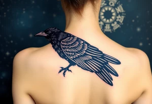 Raven with starry sky background with zodiac constellations in it with runes in sky tattoo idea