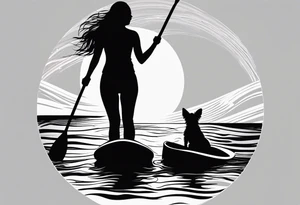 Silhouette of girl and little yorkie standing paddle boarding. Minimalist. Circle sun water one line tattoo idea