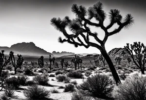 Joshua tree and bushes tattoo idea