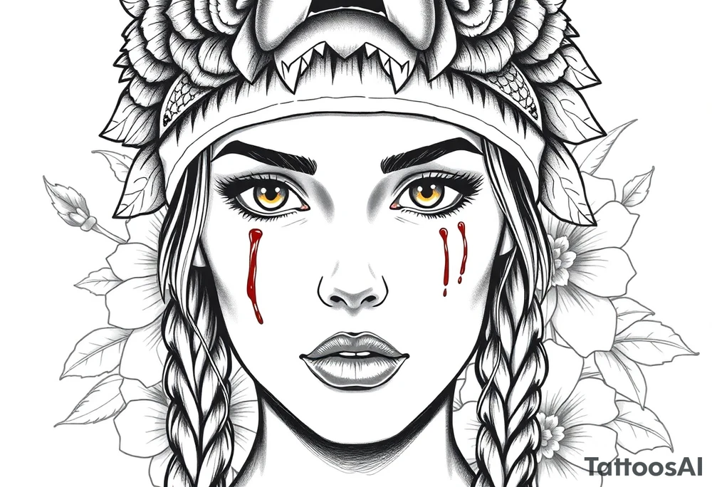 Young Symmetrical Beautiful Woman, looking forward, with colored eyes, shedding a tear, with battle scars and blood on face, with soft look, wearing a mean looking bear headdress on head, with flower background tattoo idea