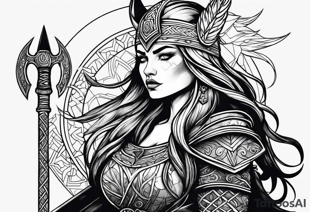 viking woman warrior wolf crow axe tattoo idea