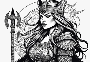 viking woman warrior wolf crow axe tattoo idea