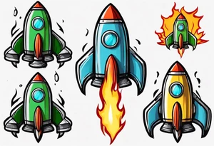 Super simple cartoon rocket ship with a round window, 3 fins, and fire coming out the bottom

Add some shading and detail to make less basic

Use only green, yellow, silver, blue. tattoo idea