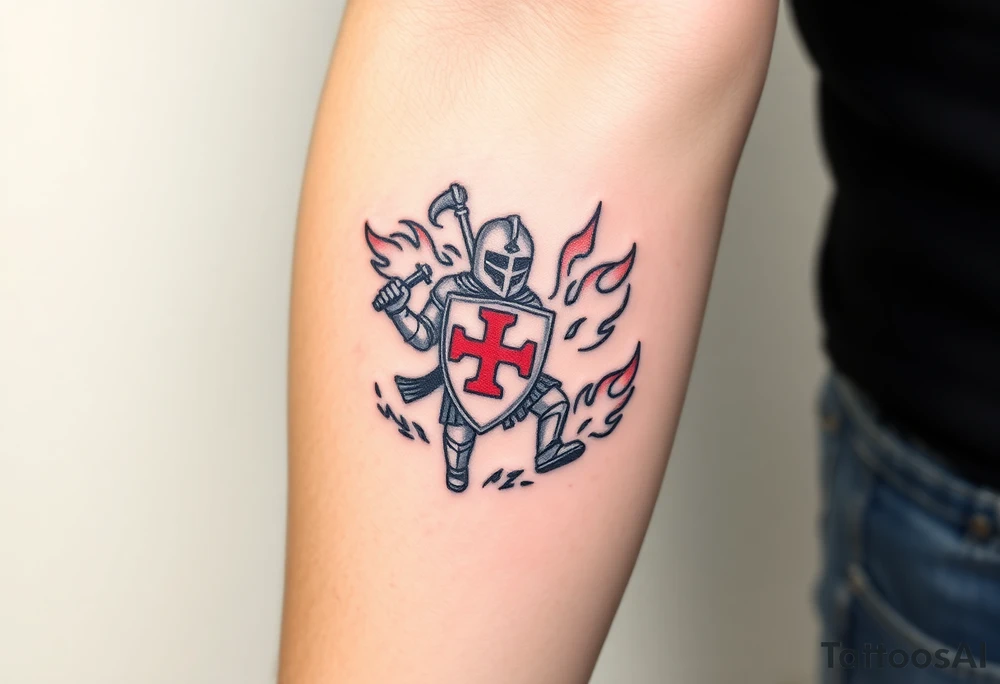 A Templar knight holding a shield with a red cross, charging into battle with flames surrounding him tattoo idea