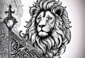Classic heraldry lion holding a sword and a science beaker tattoo idea