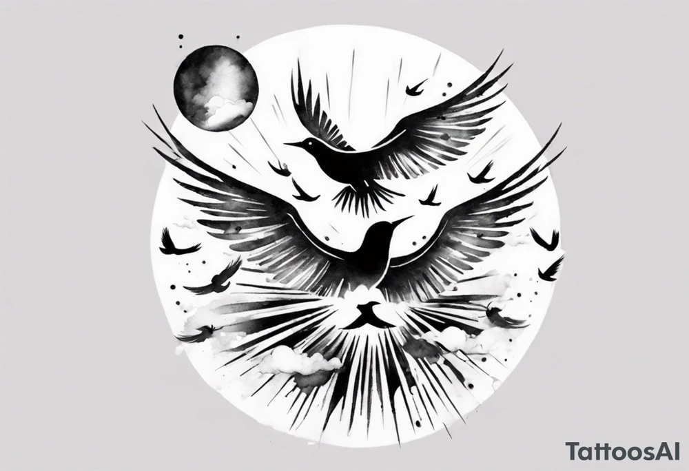 shoulder tattoo with light rays with birds flying free among the clouds, round shape, 3d effect tattoo idea