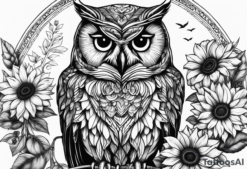 Arm sleeve with owl and sunflowers tattoo idea