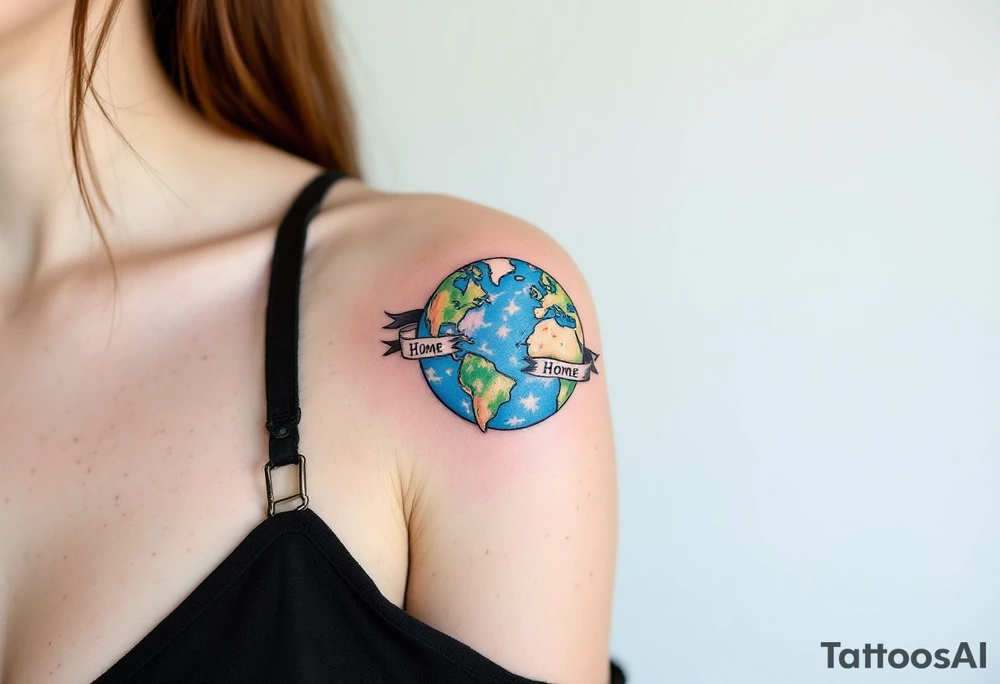 A traditional-style tattoo of Earth in bold royal blue and bright green is framed by black banners reading “Home.” tattoo idea