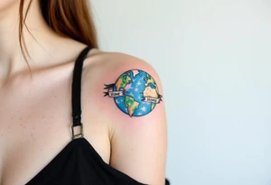 A traditional-style tattoo of Earth in bold royal blue and bright green is framed by black banners reading “Home.” tattoo idea