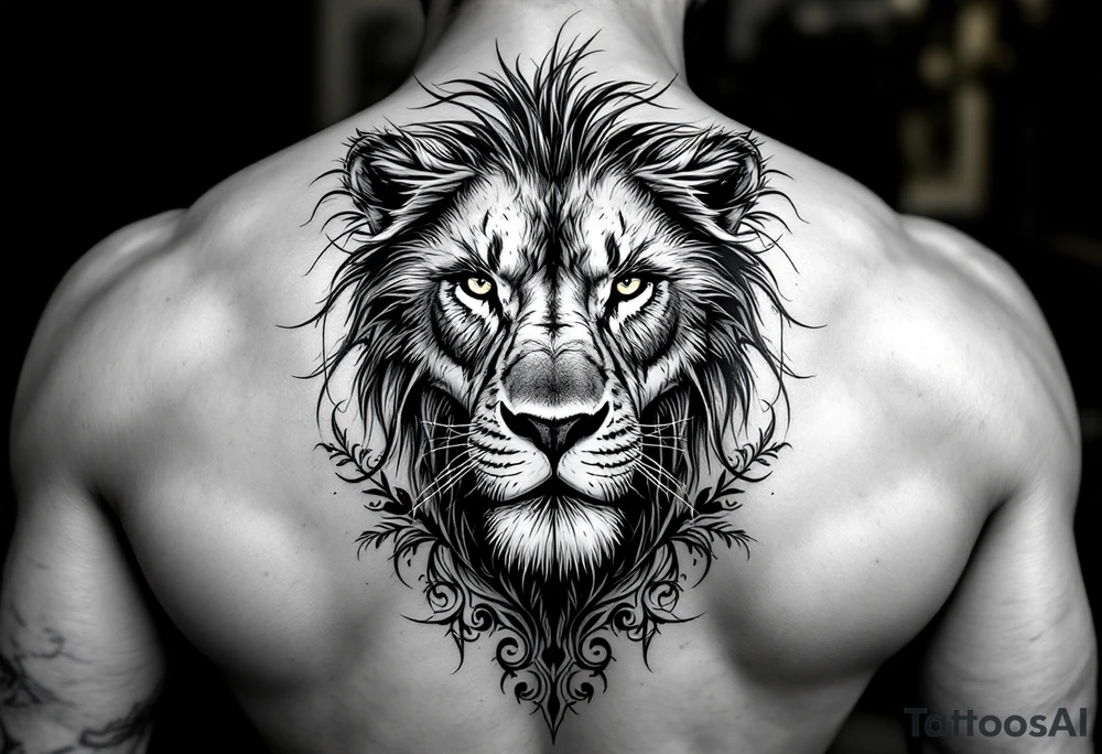 powerful lion full back tattoo idea