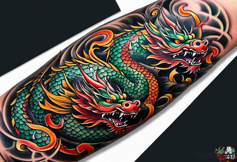 Japanese forearm half sleeve with dragons tattoo idea