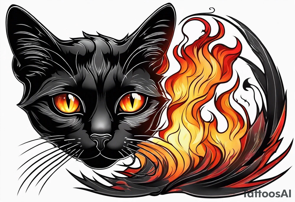 Black cat with burning color tattoo idea