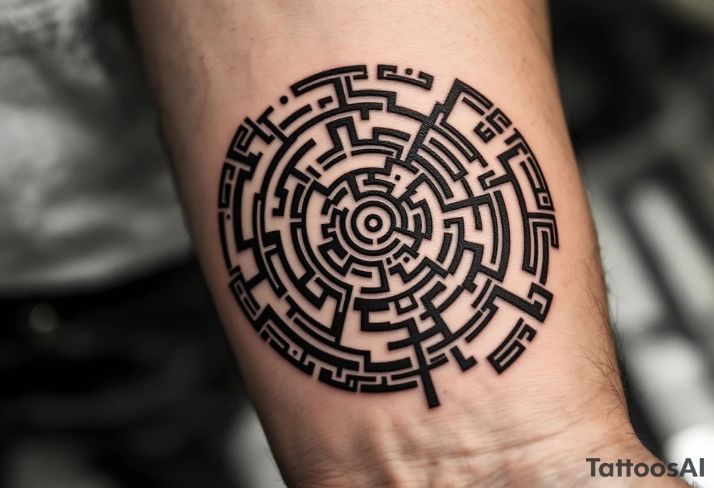 A circular tribal maze in dark brown and beige, inspired by Hopi labyrinth designs. tattoo idea