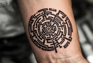 A circular tribal maze in dark brown and beige, inspired by Hopi labyrinth designs. tattoo idea