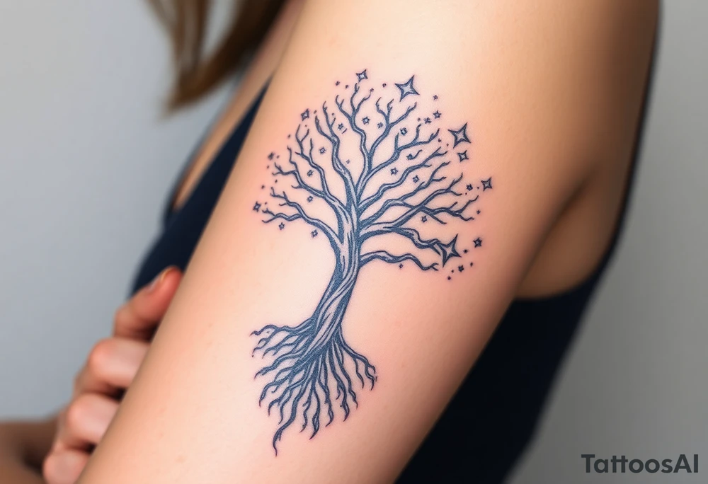 mystical tree of life with cosmic roots and celestial branches, stars 
more full tree and sparkles around ethereal tattoo idea