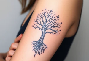 mystical tree of life with cosmic roots and celestial branches, stars 
more full tree and sparkles around ethereal tattoo idea
